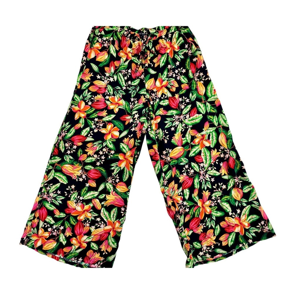 Nicole Miller New York Large Tropical Floral Wide Leg Pants Hawaiian Resort Boho